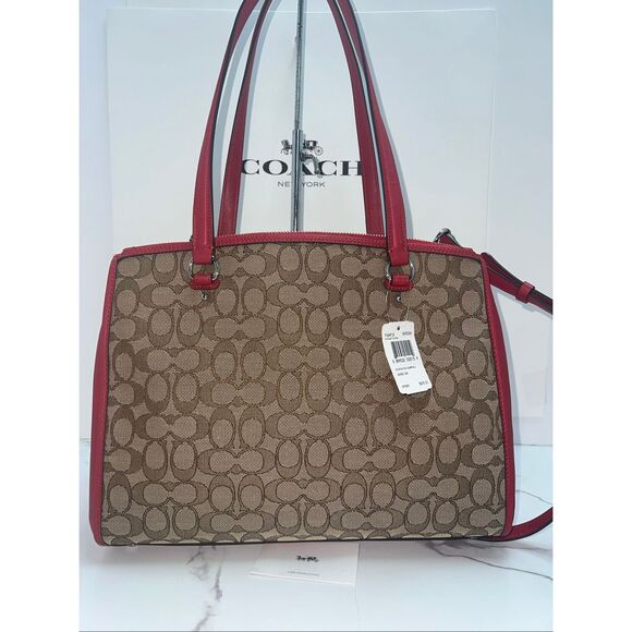 🔥🎁NWT! Coach STANTON Carryall Handbag Sig Canvas Khaki/True Red Msrp:$375.00 - Picture 2 of 8